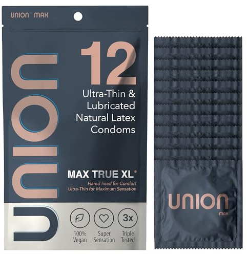 UNION MAX Condoms - True XL - Ultra Thin Large Fit Natural Latex with Flared Head, Lightly Lubrication, Sensitive Bare Feel, Natural Touch and Close Fit Comfort – Extra Large 60mm Size, 12 Count Pack
