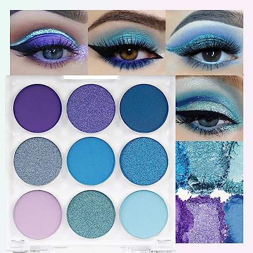 Teekerwan 9 Colori Shimmer Paletta ombretti verdi, Ombretto verde chiaro altamente pigmentato Ombretto verde scuro Paleta, Blendability Lucido opaco verde Makeup Powder Palet (Blue)