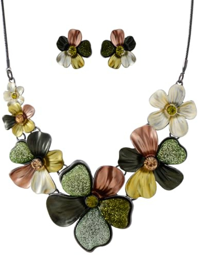 Mycitta Chunky Statement Jewelry Set Vintage Retro Green Flower Floral Leaf Aesthetic Bohemian Boho Bib Necklace Earring Set Fashion Costume Jewelry for Women Wedding Party Prom Gift