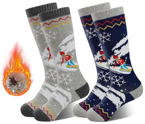 HYCLES Calze da Sci per Bambini Maschi e Femmine, 2 Paia di Calze Termiche, Calze da Sci Colorate e Calde per Bambini, Calze Morbide e Traspiranti Invernali da Esterno per Sci, Pattinaggio, Snowboard