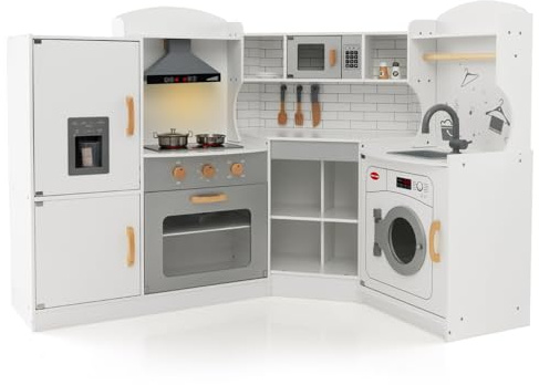RELAX4LIFE Cocina de juguete para niños, mini cocina de madera, sonidos y luces realistas, cocina de juguete con fregadero, estufas, microondas, nevera y accesorios, para niños a partir de 3 años