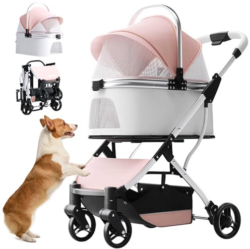 RUYICZB Hundebuggy Faltbar, 3 in 1 Hundewagen Mit Abnehmbarer Reisesitz Aufbewahrungskorb Haustier Kinderwagen Hundebox Klappbar, Haustiere Buggy Für Kleine Hunde Und Katzen Unter 15 Kg,Rosa