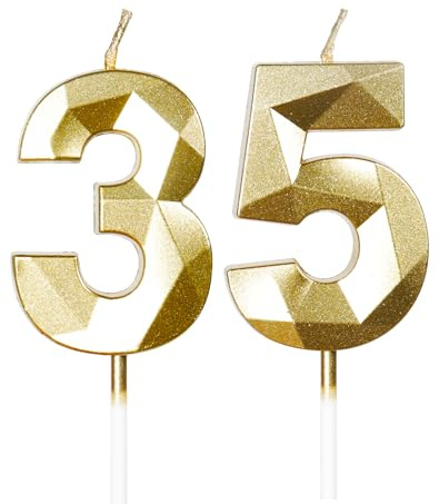 mciskin Gold 35th Birthday Candles, 3D Number 35 Candles for Cake, Women Men 35th Birthday Decorations,Pearl Gold Candle Cake Topper Decorations for Birthday Party Weddings Anniversary Supplies