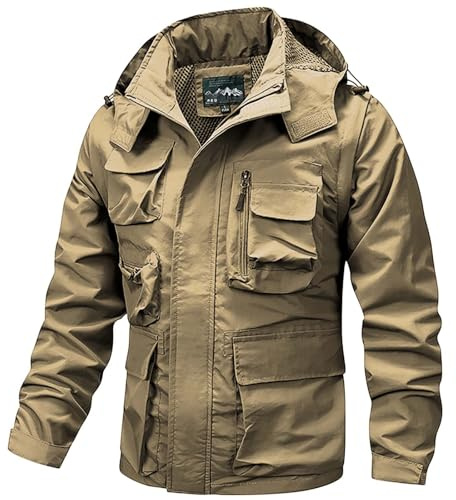 Huvtröja för män, avtagbar arméjacka, utomhus taktisk militärjacka, softshell-jacka för promenader camping med flera fickor hel dragkedja vindjacka kappa vindtät cargojacka, Khaki, 5XL