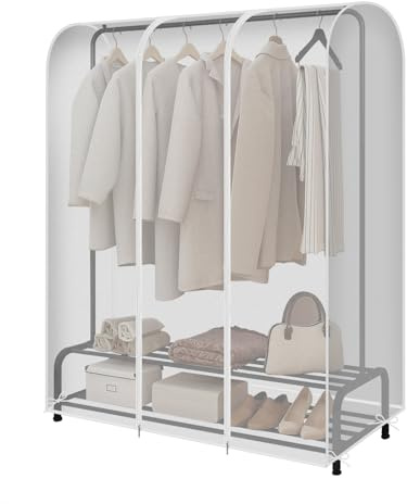 GQC 5ft PEVA Dustproof Clothes Rail Cover, Transparent Clothes Garment Rail Waterproof Clothes Protective Covers With Zipped Cover Clear Protective Zip Over Cover for Garment Hanging Coat Racks