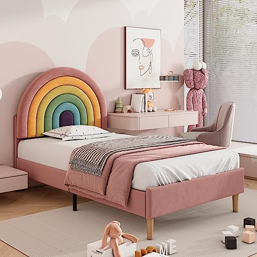 Merax Single Rainbow Bed Frame, 3ft Single Upholstered Girls Bed with Adjustable Rainbow Headboard, Sturdy Wooden Slat Support, Pink+Velvet/90 * 190cm (No Mattress)