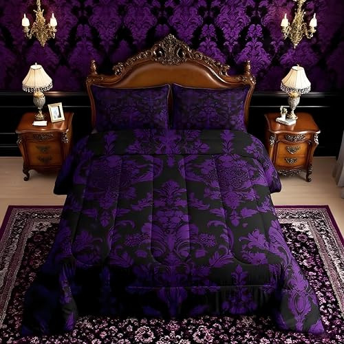 Feelyou Purple Black Vintage Damask Floral Comforter Set Gothic Bohemia Floral Bedding Set King Size for Boys Girls Bedroom Bed Decor Oriental Antique Comforter Luxury Flower Bed Set for All Season