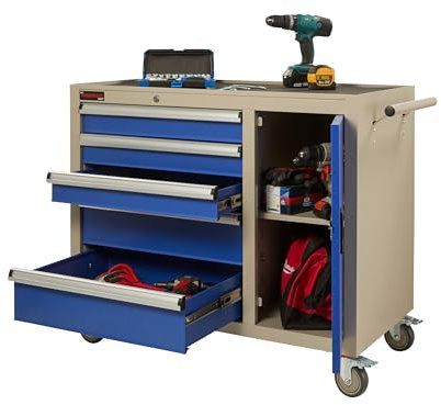 The Workplace Depot Tool Cabinet on Wheels, Lockable Rolling Tool Storage Trolley with 5 Drawers, Cupboard with Height Adjustable Shelf & Handle for Organising Tools in Garages & Workshops