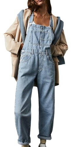 Sukany Women's Casual Denim Jean Overalls Loose Adjustable Straps Baggy Dungarees Bib Romper Jumpsuit Harem Pants Light Blue L