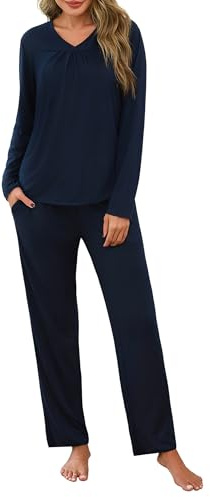 Uniexcosm Pigiama Lungo da Donna in Cotone Invernale Pigiami Due Pezzi da Donna con Tasche Blu Navy S