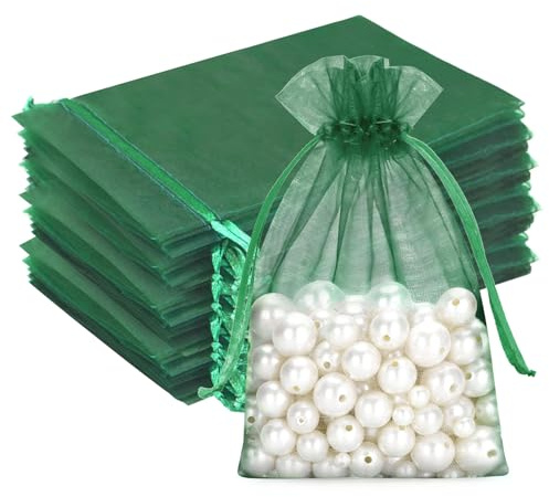 G2PLUS Dark Green Organza Gift Pouches 13x18 cm: Medium Favor Bags, 50 PCS | Wedding Jewelry Bags, Clear Mesh Pouches Perfect for Wedding, Christmas, Birthday, Anniversary