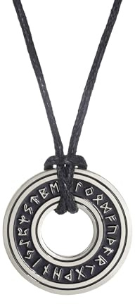 Collar Vikingo de Runas Nórdicas para Hombre y Mujer, Colgante Círculo Futhark Antiguo en Acero Titanio con Cadena de Cuero Ajustable, Joyería Épica Plateada