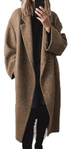 Trench long pour femme pour l'automne-hiver, manteau décontracté en polyester laine avec manches longues, couleur unie microélasticité, vêtements d'extérieur tendance pour femmes (L Café)