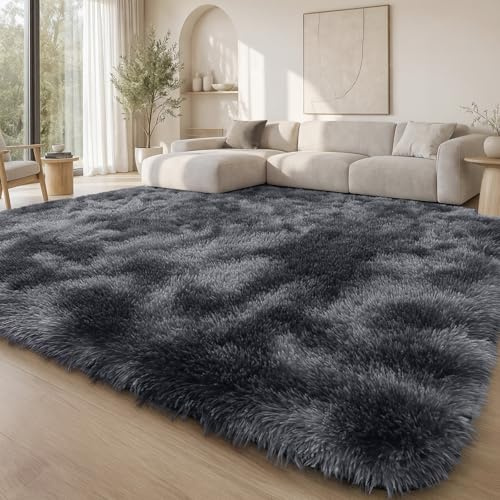 Homaxy Fluffy Tie Dye Large Rugs Living Room 120 x 160 cm, Dark Grey | Anti-slip Machine Washable Carpet, Shaggy Modern Rug, Thick Pile Bedside Rugs for Kids Bedroom, Nursery