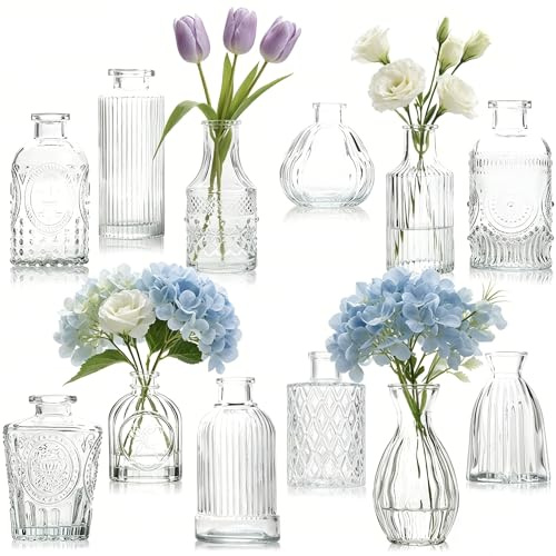 Otauoaea Lot de 12 Vases en Verre, Petit Vase en Verre Vintage Mini Vase Deko Set Différentes Tailles Vase de Fleurs pour Décorations de Mariage Transparent, Centre de Table