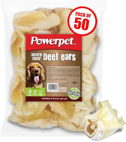 Powerpet Beef Ears for Dogs - Premium Quality Treats, Low Fat, High Protein, Long-Lasting Chews - Easy Digestion- Healthy & Clean Teeth & Gums - for All Breed Size- 100% Natural Cow Flavor, Pack of 50