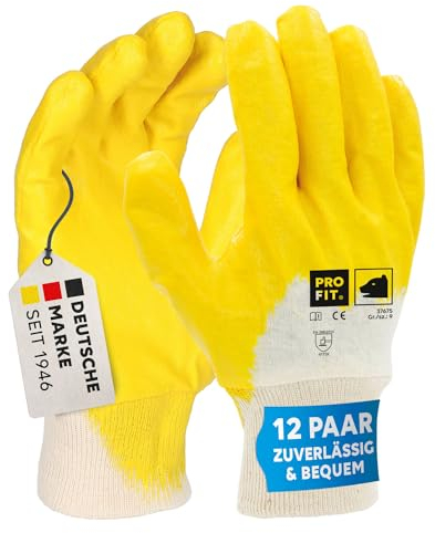 PRO FIT Nitril-Handschuh 12 Paar – Arbeitshandschuhe, Mechaniker-Handschuh, Schutzhandschuhe, Gartenhandschuhe ¾ beschichtet, Montagehandschuhe - Gelb, Gr. 9