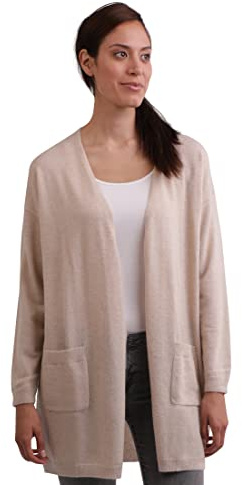 CASH-MERE.CH 100% kashmir dam cardigan lång, rakt snitt | lång kofta 2-trådig, vete, L