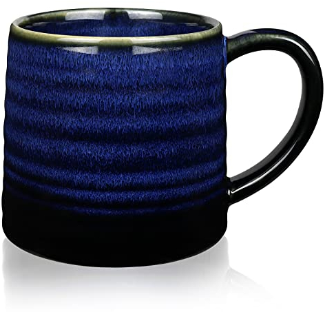 500ml Tazas de café de cerámica hechas a mano, Tazas Grandes con mango grande para la oficina y el hogar, Bebidas frías y calientes, apto para microondas y lavavajillas (Azul estrellado)