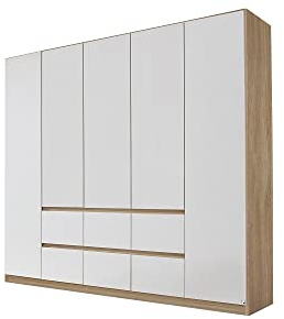 Rauch Möbel Mainz Armoire à portes battantes en bois blanc/chêne Sonoma 5 portes avec 6 tiroirs et pack d'accessoires Basic 3 étagères, 3 tringles à vêtements, sans poignée l x H x P 226 x 210 x 54 cm