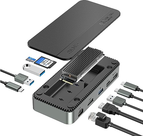 USB-C-hub med M.2-NVMe SSD-hölje, 10-i-1 USB-C-dockningsstation, multiport-adapterdongel med 10 Gbit/s USB 3.2-A/C, 4K@60Hz HDMI, 100 W PD, SD/TF, Gigabit Ethernet, M.2 NVMe/SATA SSD-läsare