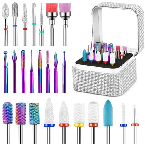 25Pcs Nail Drill Bits Set with Rhinestone Box, 3/32 Inch Nail Drill Bits for Acrylic Nails, Ceramic Diamond Carbide Cuticle Efile Remover Bits for Home Salon Acrylic Gel Nail
