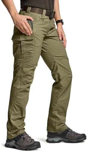 CQR Women's Flex Stretch Tactical Pants, Water Resistant Ripstop Cargo Work Pants with Pockets for Outdoor & Hiking, Vanguard Soil Green, 10