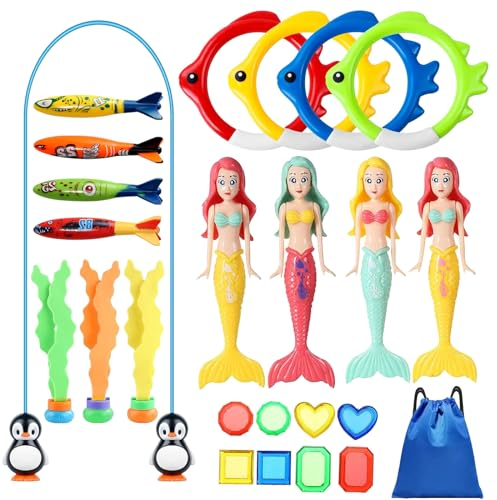 RISAKOGO 25 Stücke Pool Spielzeug Tauchspielzeug für Kinder,Meerjungfrau Spielzeug Unterwasser Tauchringe Tauchspielzeug Schwimmbad Spielzeug für Unterwasserspiel und Tauchtraining
