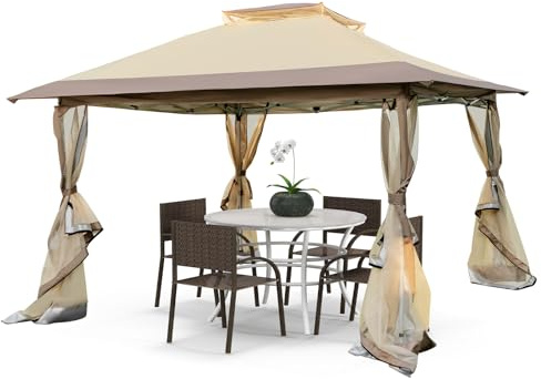 HOMASIS Gazebo Pieghevole con Tetto Doppio 3,6 x 3,6 m, Gazebo Esterno Resistente, Gazebo da Giardino in Altezza Regolabile con Cavi Anti-Vento/Sacchi di Sabbia/Borsa con Ruote, Cachi (Stile 1)