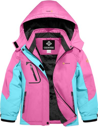 GEMYSE Giacca da Sci Bambina Impermeabile Giubbotto Invernale Pile Antivento Cappotto con Cappuccio Ragazze(Rosa Brillante con Blu Gioiello,152-158)