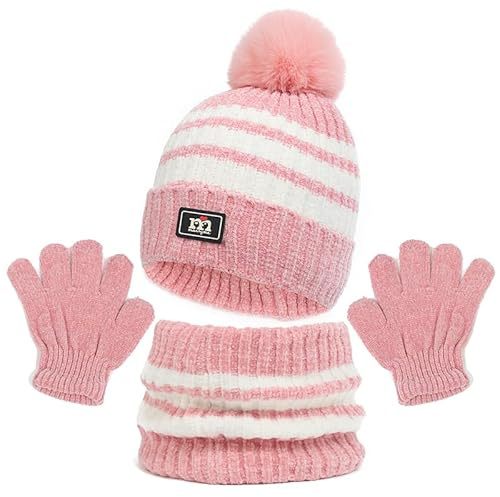 QKURT Children Beanie Hat Neck Warmer Glove Set, Kids Winter Warm Knitted Set Stripe Thermal Cap with Pom Hairball Neck Warmer Gloves Soft Hat Scarf Mitten