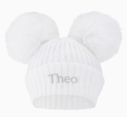 Lobeko Personalised Baby Hat, Double Faux Fur Poms, Knitted Beanie White