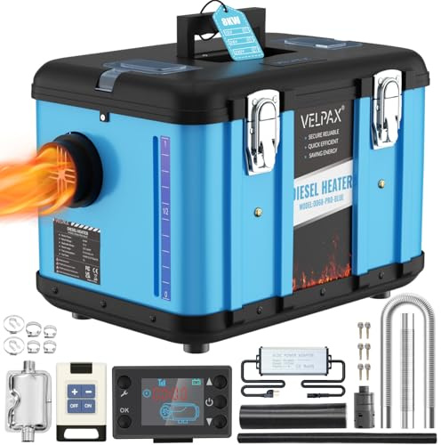 Chauffage Diesel 8 KW 12V/24/220V Tout-en-Un Portable Chauffage à Air Diesel,0,16-0,52 L/h Réchauffeur d'air Diesel 8-36 ℃ Réglable 15-20 m² Contrôle Intelligente LCD Réservoir 5 L pour Bateau Auto