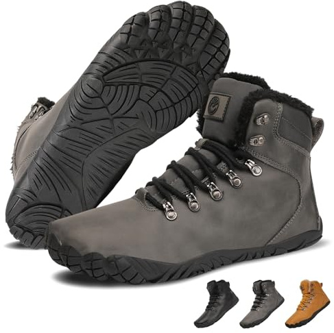 VEXITO Barfuss Schuhe Damen Winter Leder Barfußschuhe Herren Wasserdicht Wasserfest Winterstiefel Warm Gefüttert Stiefel Stiefeletten Winterboots Breit Kurzschaft Grau Gr.42