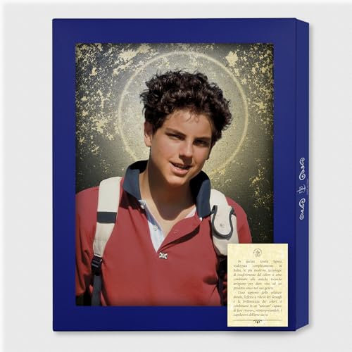 Fratelli Bonella | Tabla de ennoblecido de roble dorado que representa a Beato Carlo Acutis 19,7 x 25 cm | Made in Italy