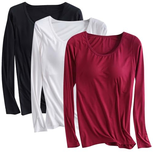 Lot de 3 t-shirts en modal avec soutien-gorge intégré pour femme – Chemise rembourrée à manches longues – Haut de yoga doux confortable – Vêtements de sport décontractés – Vêtements de nuit – Chemise
