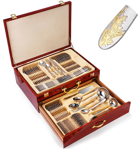 service de table 12 personnes menagere, 72/84 pieces coffret services de vaisselle, cuillère couteau fourchette avec des accents dorés, lavable au lave-vaisselle(Size:84 pcs,Color:D)