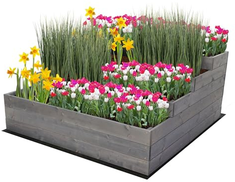 MODO24 Hochbeet Holz, 4-stufiger Pflanzkasten, Blumenkasten, Gemüsebeet, Kräuterbeet, Anzuchtset, Anzuchtkasten, mit Gartenvlies als Unterlage und Schrauben, Abmessungen 54x117x120 cm, Farbe: Grau
