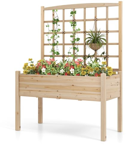 HOMASIS Letto Rialzato con Grigliato da Giardino in Legno, Fioriera da Esterno con Fori di Drenaggio, Vaso per Piante Rampicanti, Verdure, Fiori, Erbe, 119 x 60 x 117 cm