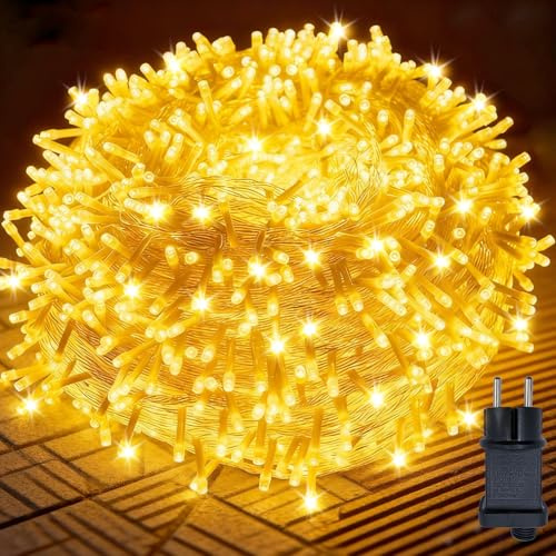 Hopelit Utomhusljusslinga, 100 m, 800 LED, varmvit, 8 lägen med 31 V-7,2 W uttag, minne och timer, IP44 vattentät, transparent kabel, perfekt för bröllop, fest och balkong