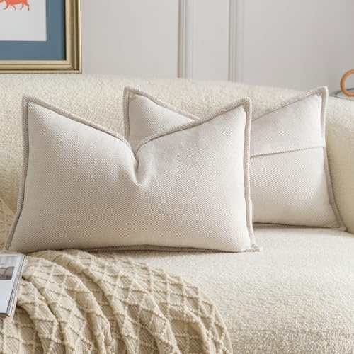 Madizz 2 Pezzi Copri Cuscini in Chenille con Bordo Decorativo Neutri Morbido Copricuscini Fodere per Cuscino Lusso Stile Arredi per Divano e Letto Beige 30x50 cm