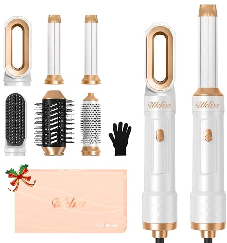 Spazzola Asciugacapelli 6 in 1, UKLISS Airstyler Set con Arricciacapelli Automatico, Hair Dryer, Spazzola ad Aria Calda, Thermal Brush, Spazzola Lisciante Capelli, Regali per Donne Styling - Bianco