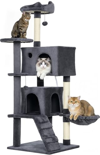 PawHut 140cm Cat Tree, Multi-Level Large Cat Tower with 3 Sisal Scratching Posts, Condos, Plush Perches, Hammock, Ladder, Dangling Balls, Kitten Activity Centre for Kittens Playing Relaxing, Dark Grey