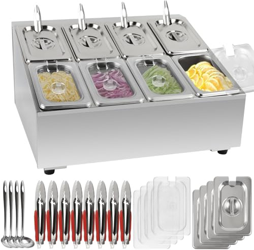 TOROKOM Pizza Topping Station, Stainless Steel Spice Organizer Stand with Lids Spoons Countertop Inclined Holder Buffet Containers Set for Sauce Jam Fruits Ingredient Kitchen (2 Row 8 Pans)