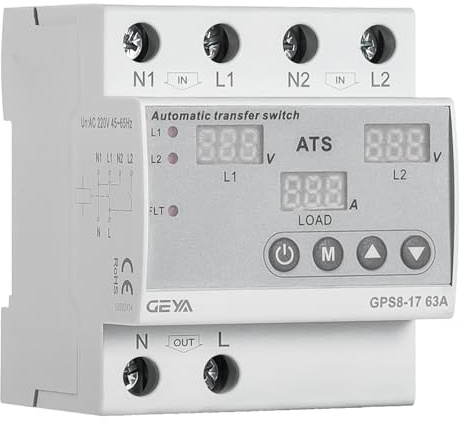 GEYA ATS Interruptor de Transferencia Automática Protector de Corriente Ajustable por Sobretensión y Subtensión Interruptor de Transferencia Automática de Doble alimentación(GPS8-17,63A-220V)