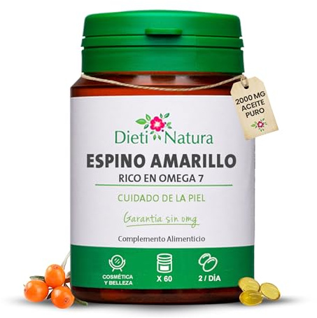Espino Amarillo 2000 mg – 60 Perlas | Aceite de Semillas de Hippophae Rhamnoides | Omega 7 Natural, Vitamina E y Ácidos Grasos | Belleza, Piel y Mucosas | Complemento Alimenticio Dieti Natura (1)
