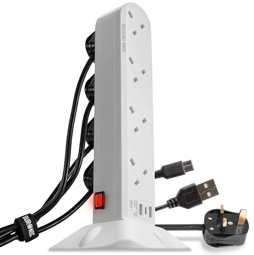 Duronic Surge Protected Extension Lead ST8W Tower Extension Leads with USB Multiplug Adapter Cord for UK Plugs 8 Way with 2x USB Slots and 1x USB-C Slot Long White Power Cords Multi Outlet Socket