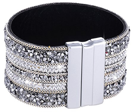 Morella Damen Glitzerarmband breit verziert mit Zirkoniasteinen und Magnetverschluss weiß Silber
