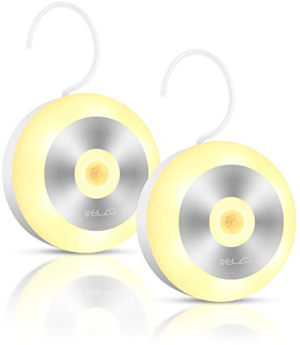 ELZO Nachtlicht Bewegungsmelder, Auto ON/OFF, Wiederaufladbare kabellose LED Lampe mit integriertem Haken und Magnetsatz Schrankbeleuchtung für Kinderzimmer, Schlafzimmer, Küche, Warmes weißes