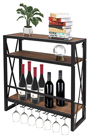 Todeco Portabottiglie Vino da Parete con Supporto in Vetro Legno metallo Scaffale per Vino a 3 Livelli con 12 Calici di Vetro portabottiglie a Rack di Stoccaggio Adatto per l'uso in cucina,60*20*62 cm
